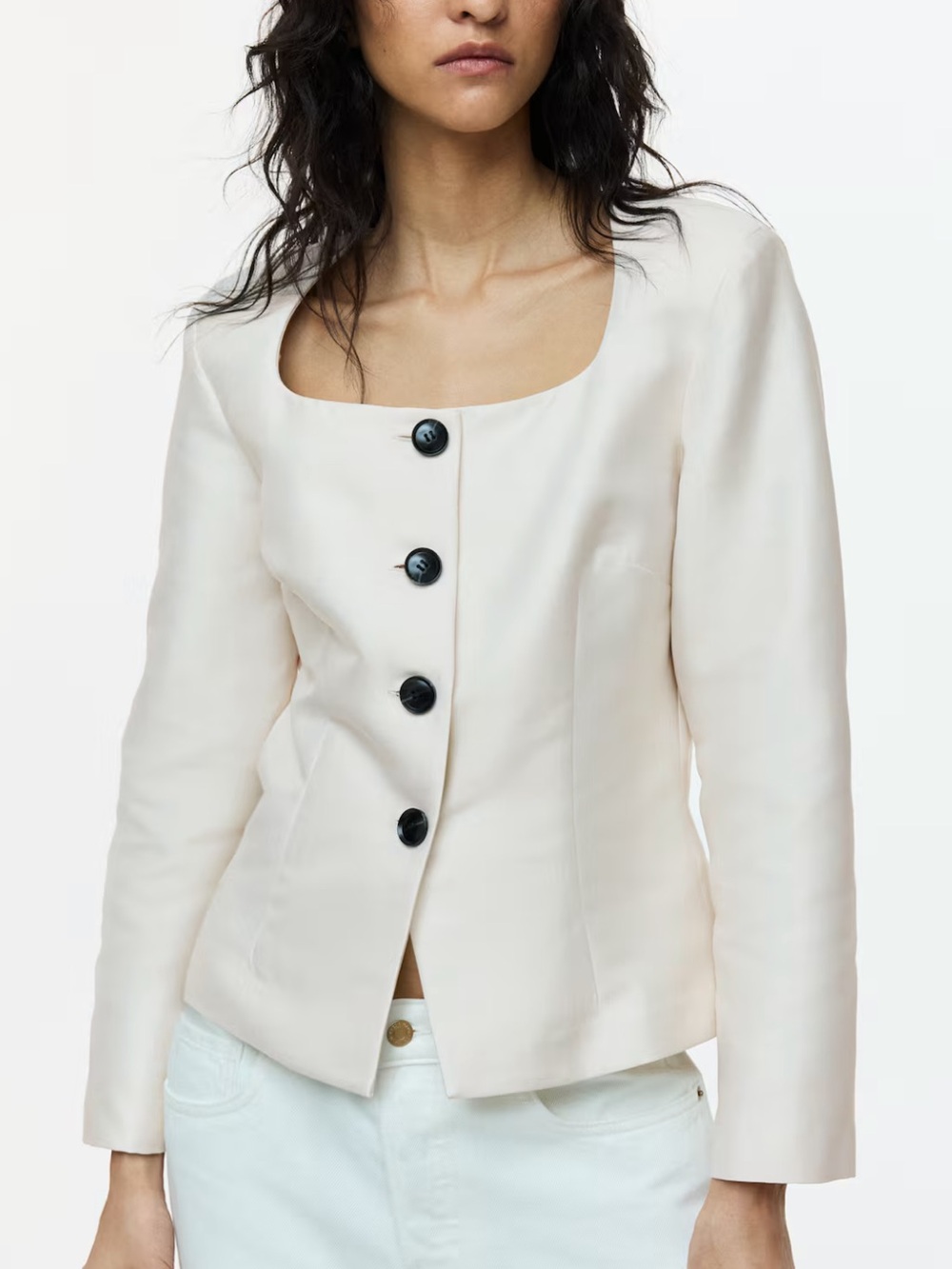 H&M Cream Square-Neck Button Front Jacket with Black Buttons